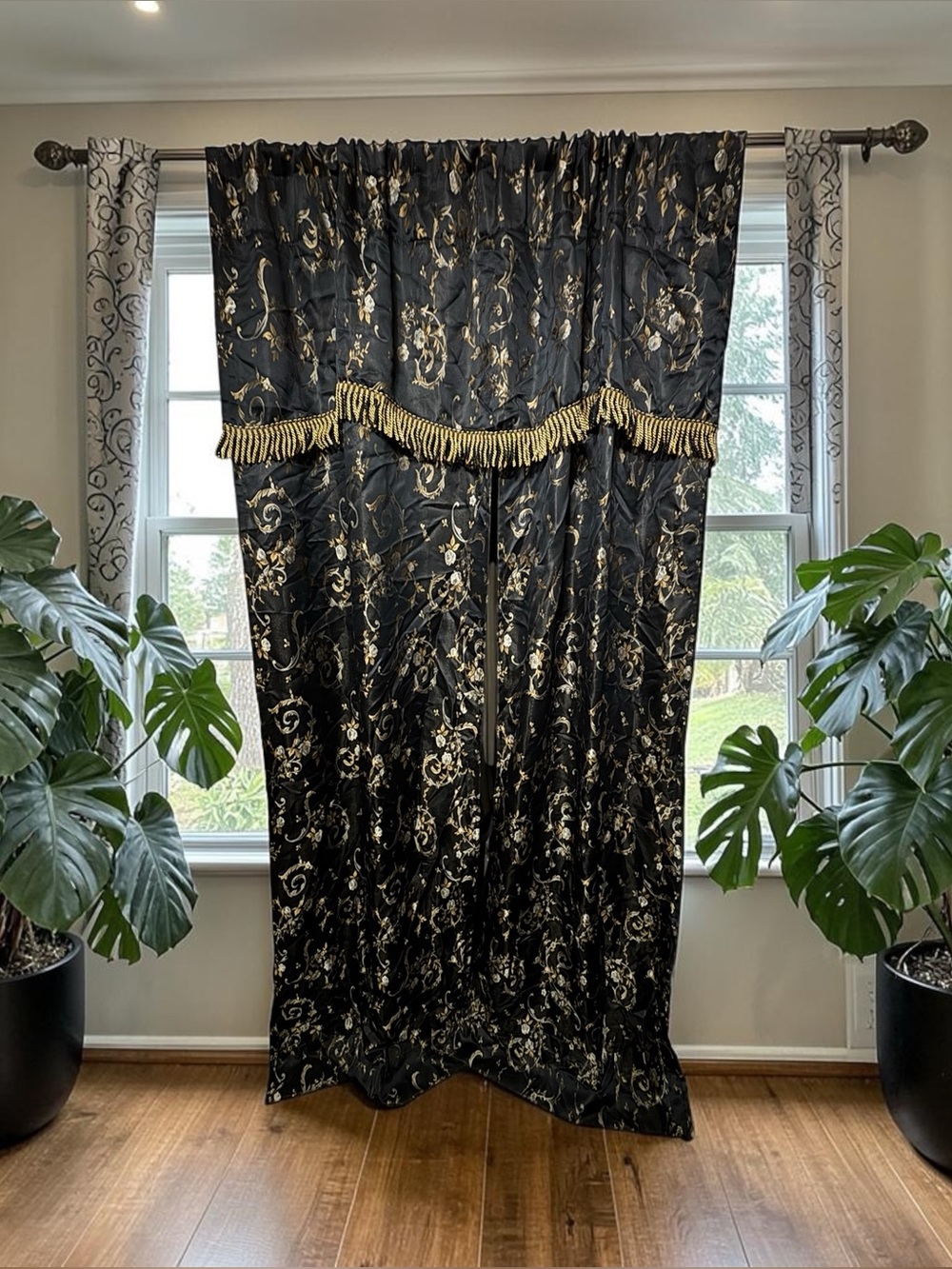 All In One Curtain Set Floral Jacquard 2 Curtains Attached Valance Black Gold